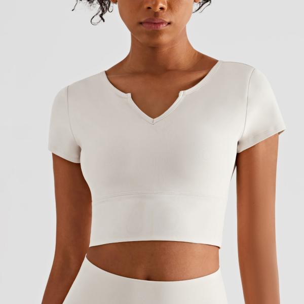 Short Sleeve Padded V Neck Athletic Crop Tops Built In Bra Shirts