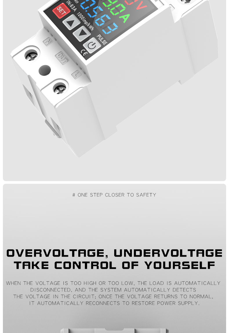 Rail-mounted digital display rocker switch self-reset over/under voltage protector 40A 63A for home use, delay 220V