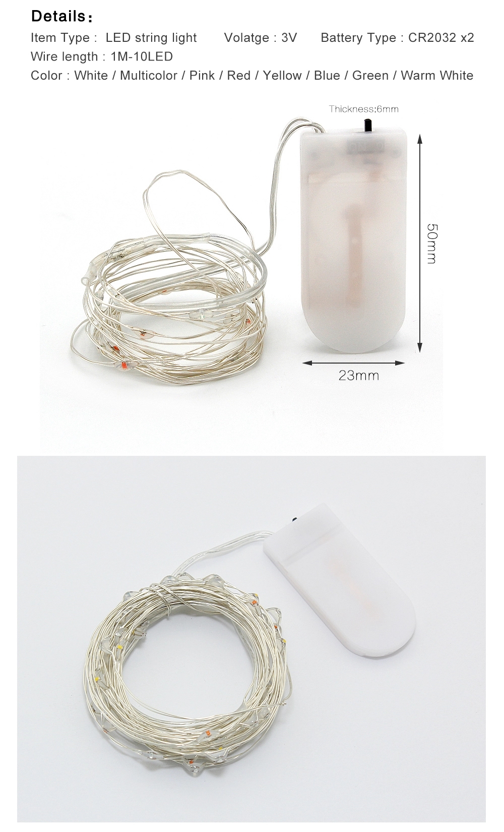 света строки феи СИД 1M 10LEDs CR2032 мини звездные