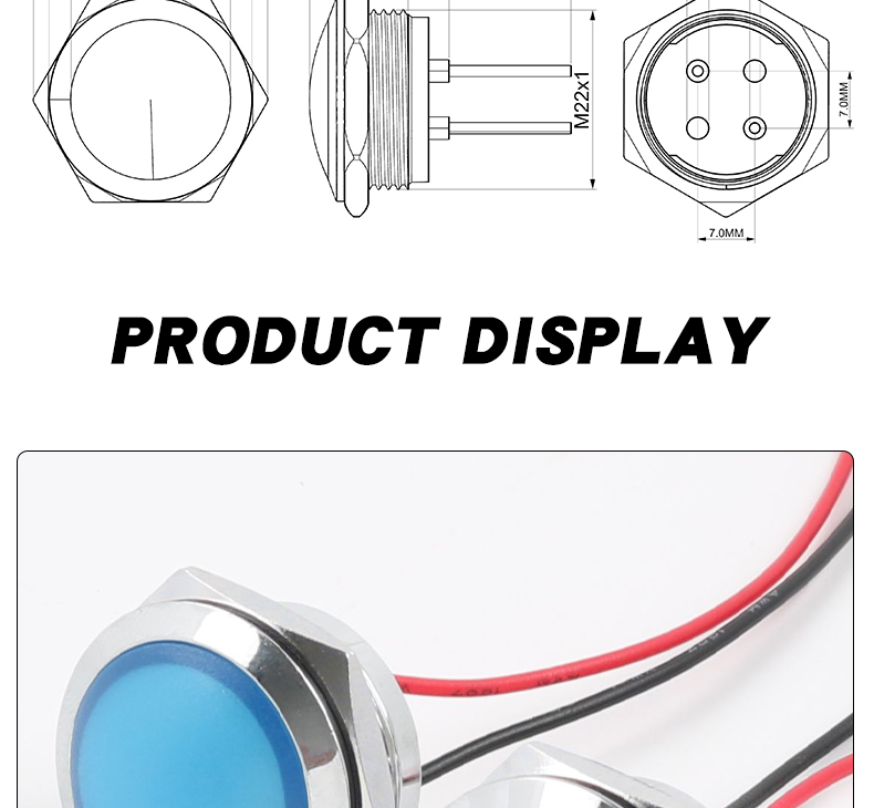 22mm IP66 Waterproof Metal Power Indicator Light Flat Head LED Panel Light 12-24V/220V 50000 Hours Lifespan Multi-Color Options