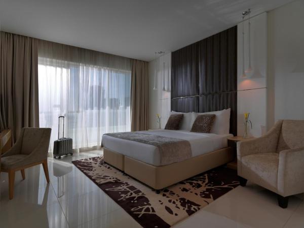 Hotel apartment room furniture made by Laminate board for Desk with Minibar cabinets and Upholstered headboard