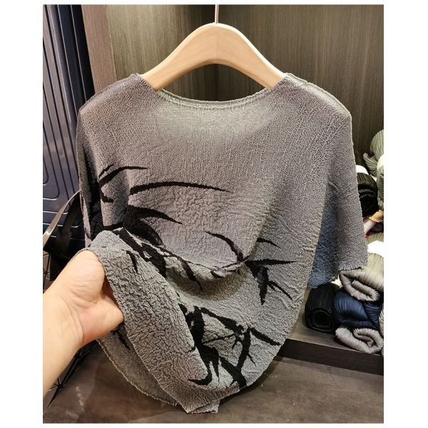 Retro pleated summer new Chinese ink bamboo print T-shirt fashionable plus size women's casual top