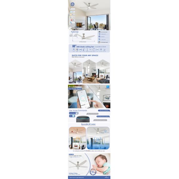 60-Inch REACH Certified Low Energy Consumption LED Ceiling Fan with DC Motor and Remote Control