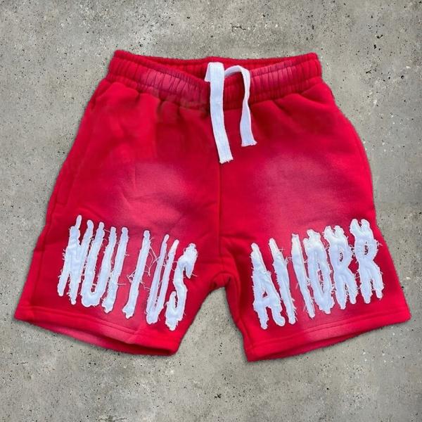 Red Running Acid Wash Shorts Set Vintage Style Sun Fade Sweat Shorts Embroidered Logo