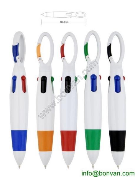 plastic pen, multi color pen with ring,hook pen with 4 colors ink,four color ink pen