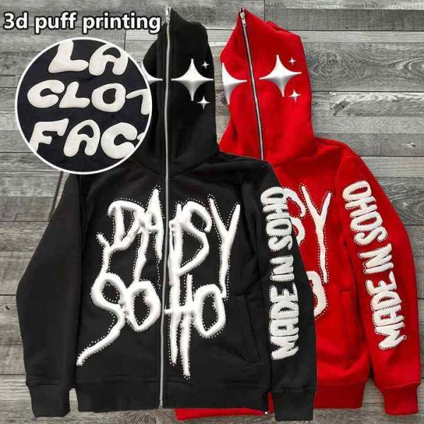 Custom Streetwear 100% Cotton Heavyweight Full Face Zip Up Rhinestone 3d Puff Printing Hoodies