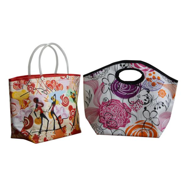 Reusable Orange PP Woven Shopping Bags With Transparent PVC Handle, Danceing Girls Pattern
