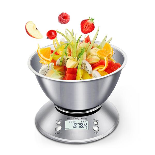 Stainless Steel Digital Kitchen Scale 5 kg Removable Bowl and Battery Powered Digital Household Scale