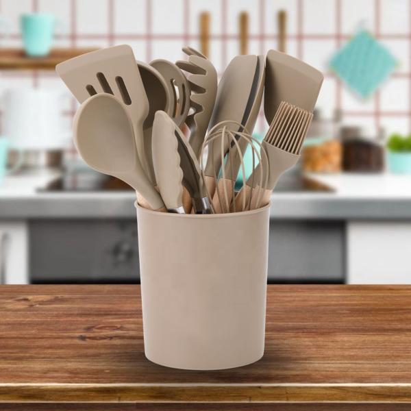 Silk Printing or Debossed Logo 12PCS Silicone Kitchen Utensils Set with Plastic Holder