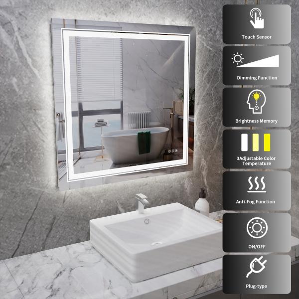 36 Inch LED Square Mirror IP44 Bathroom Mirrors With Lights