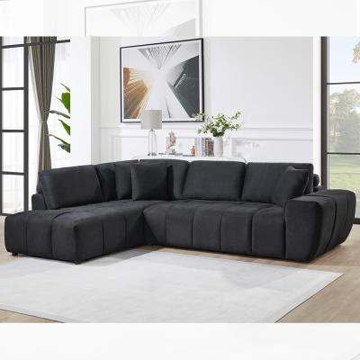 L-Shaped Sectional Sofa with 3 Pillows, Black Fabric