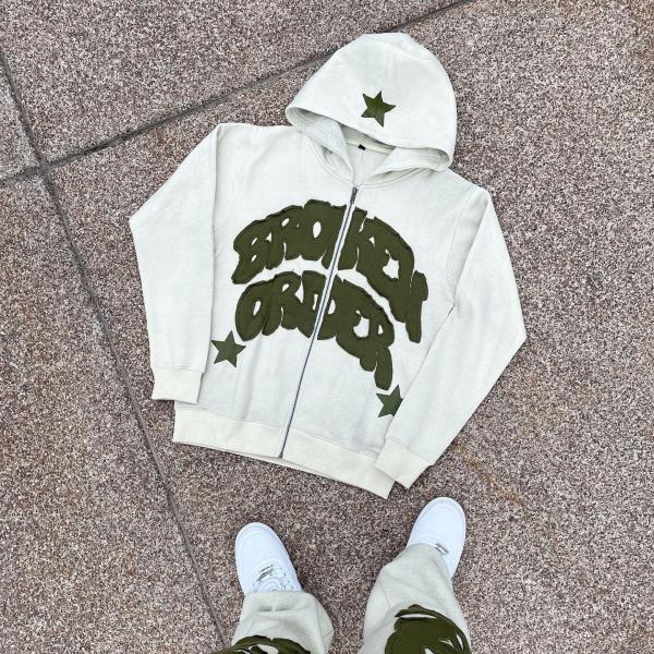 Vintage Distressed Patch Aplique Embroidery Hoodie Set com opções de cores personalizáveis