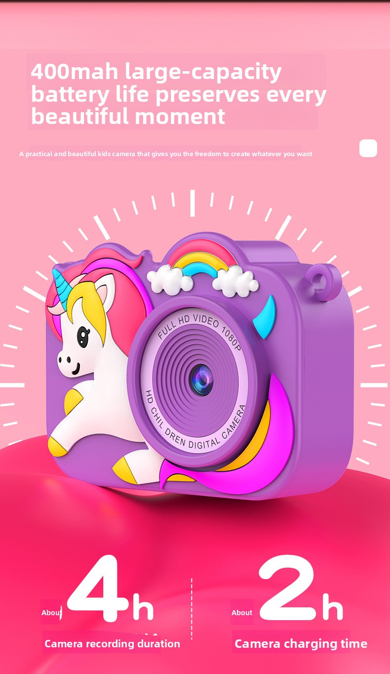 Feitianma 2.0 Inch Screen 1080P HD Dual-lens Children's Camera with Unicorn Graphic Design Children's Toy Gift