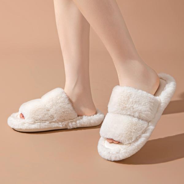 Y-Z Plus Size Soft Cozy Plush Fluffy Open Toe Warm House Ladies Flat slippers for Women Plush Indoor Slipper