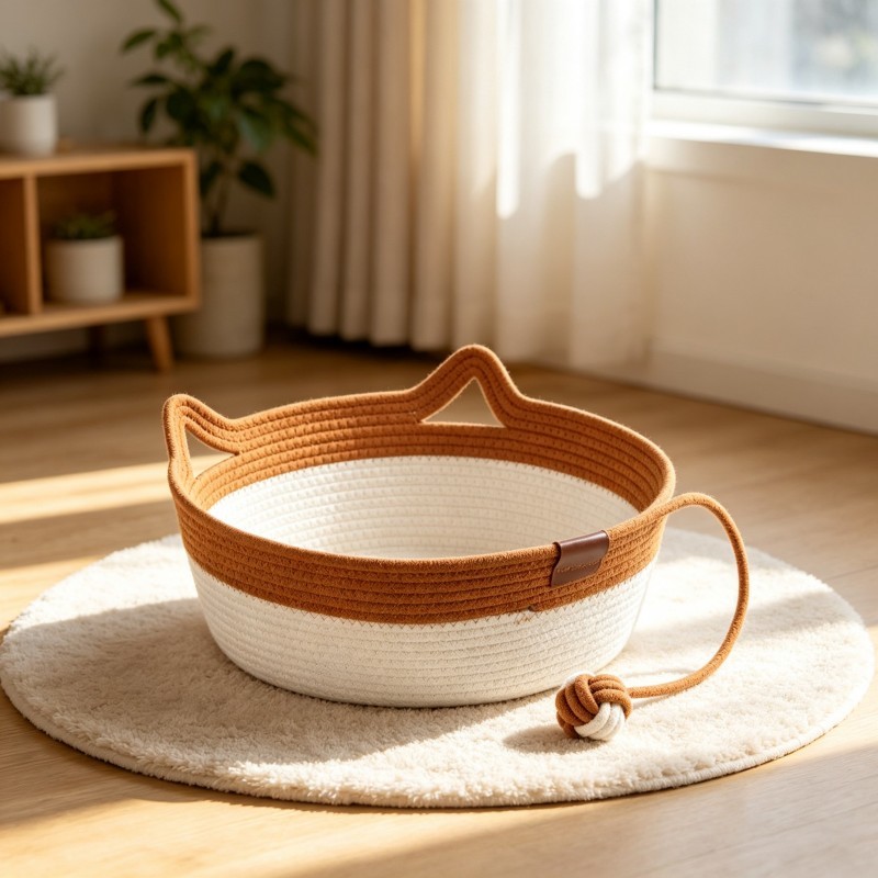 Cotton Rope Handwoven Basket Pet Cushion With Toy Balls Cat Bed