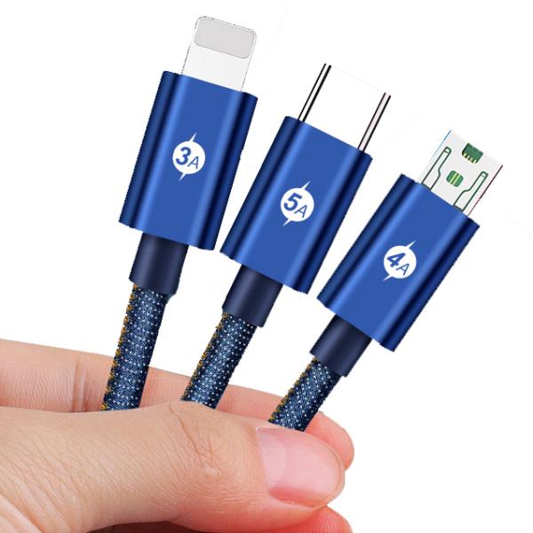 3-in-1 Fast Charge Cable USB Type C 5 Amp Data Charge Cable Braided Fabric Cord