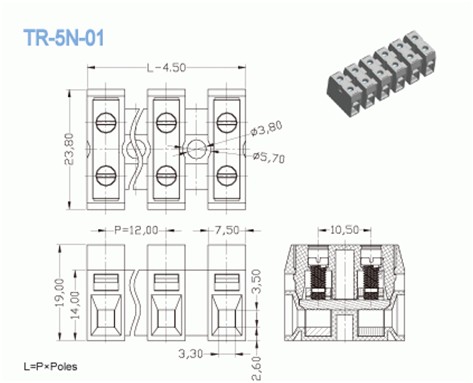 12.00mm Feed Through Terminal Blocks , Panel Mount Power Terminal Block 600V 30A