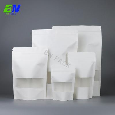 Plain Stand Up Resealable Food Grade White Kraft Paper Bags With Window For Snack