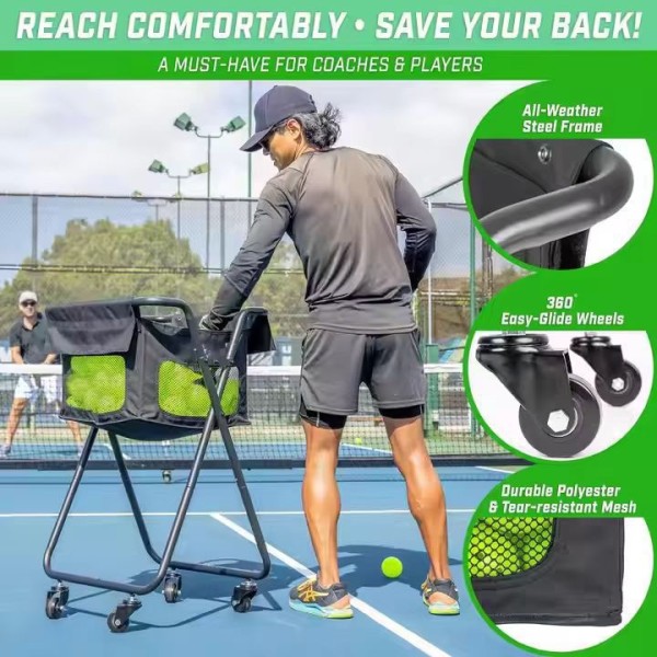 Foldable Waterproof Portable Pickleball Ball Caddy Tennis Ball Basket with Wheels for Easy Transport