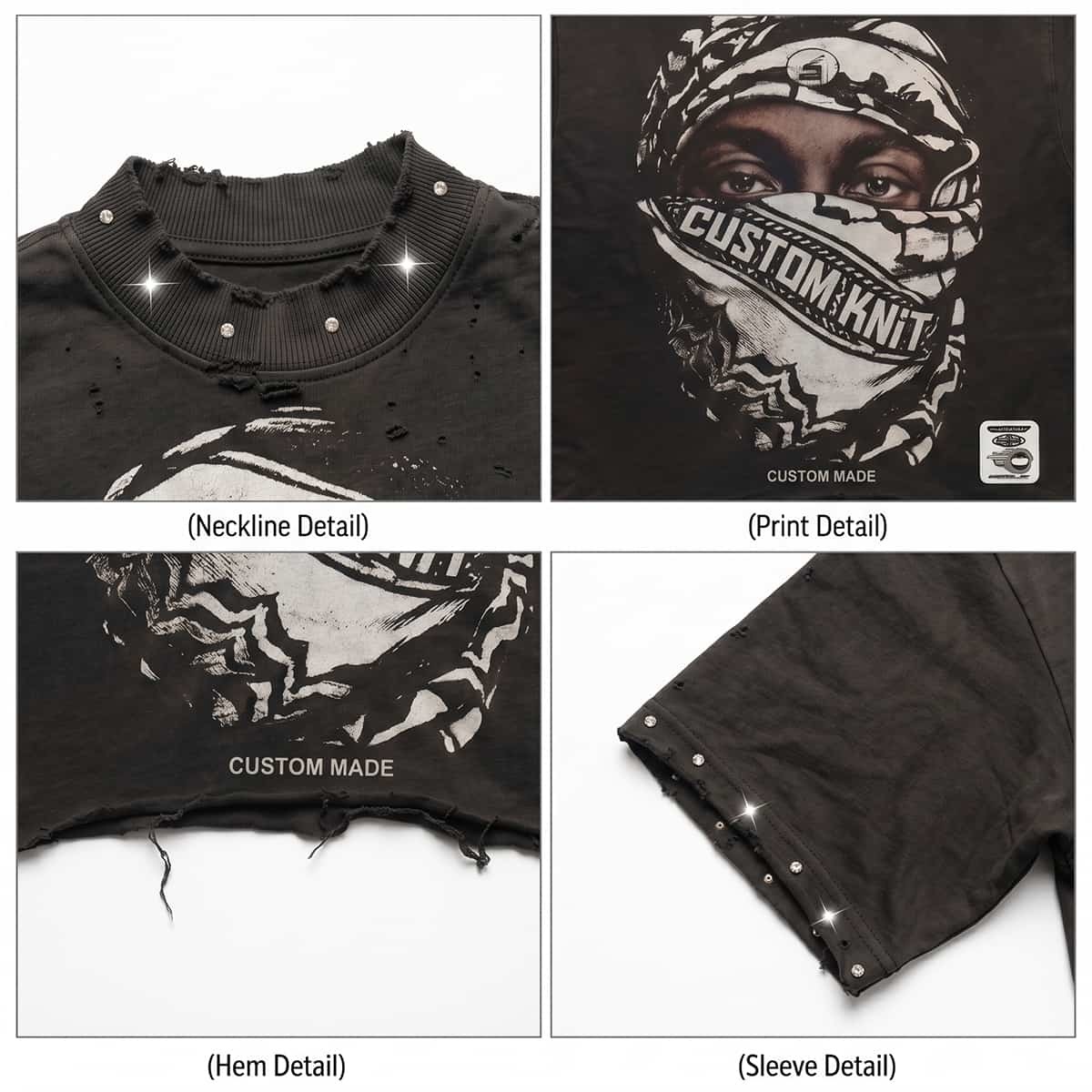 Custom Distressed Oversized Boxy Fit Graphic Tee with Rhinestone Embellishments