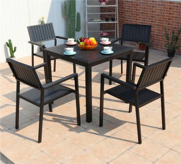 80cm Outdoor Square Aluminum Table Black Plastic Wood Parquet Top