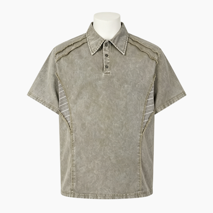 Deconstructed Spliced Washed Vintage Polo Short Sleeve Shirt, Loose Fit American Retro Contrast Panel Tee 2 Colors Cross-Border 