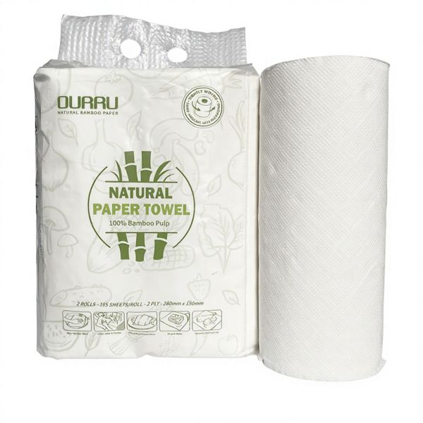 Manufacturer Wholesale Strong Absorbent Sustainable 3 Ply Virgin Bamboo Pulp Kitchen Tissue Paper Towels Roll