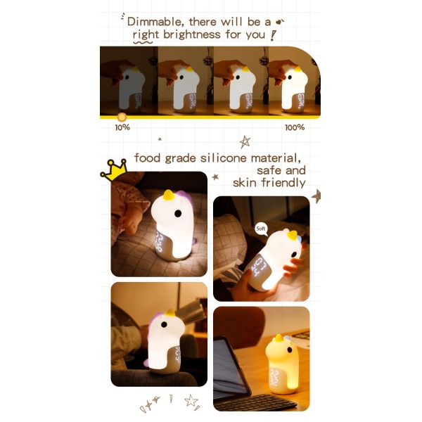Mini Smart Unicorn Silicone Luz Noturna Alarme Relógio Suporte Dimmer Desenhos personalizados