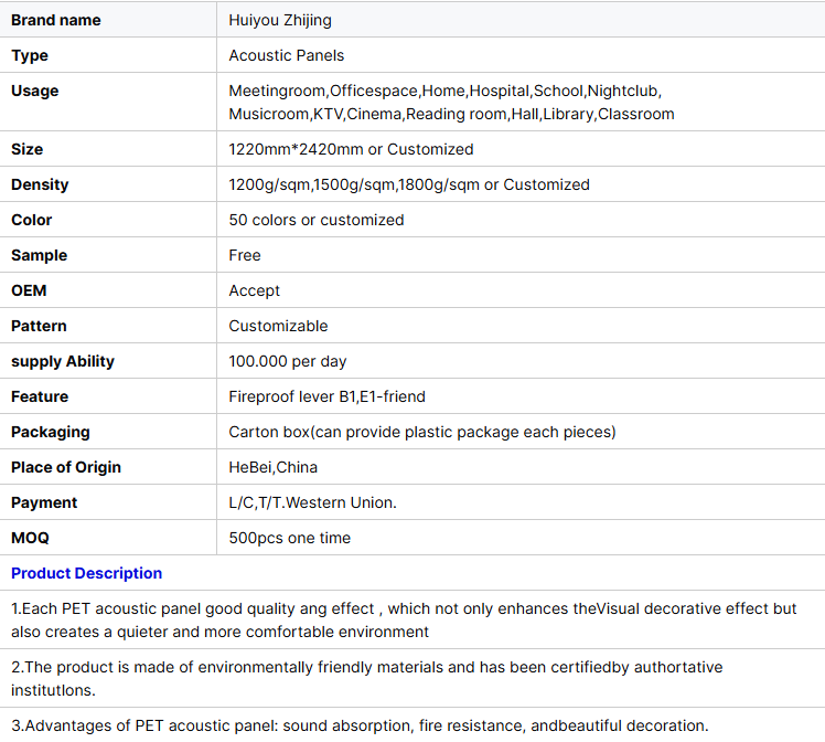 2420x1220mm PET Acoustic Panels Home Decoration Sound Proofing Wall Panel Color Customized