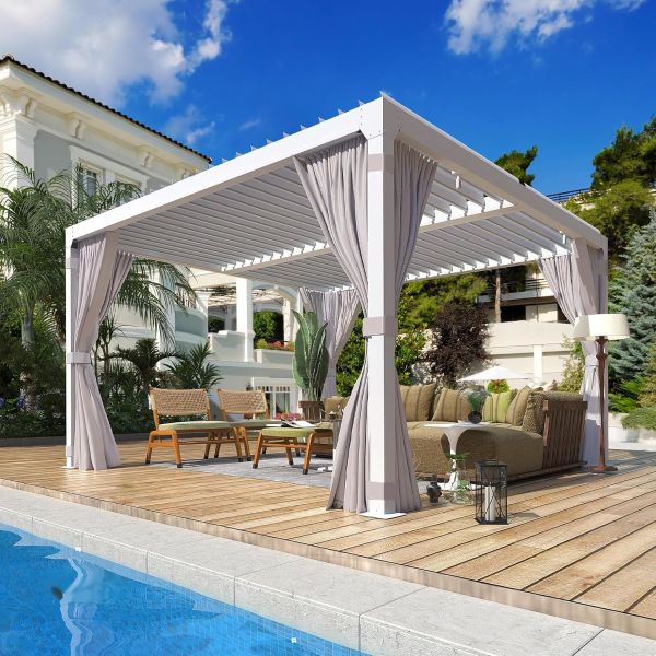 Retractable Roof Composite Wood Pergola Aerospace-Grade 6061 Aluminum Frame And Galvanized Steel Roof For Outdoor Living