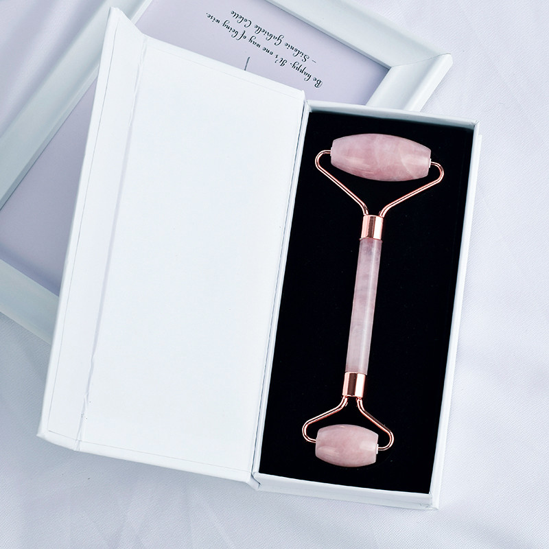 Facial Jade Roller with Double Rollers in Natural Rose Gold Rose Quartz Material