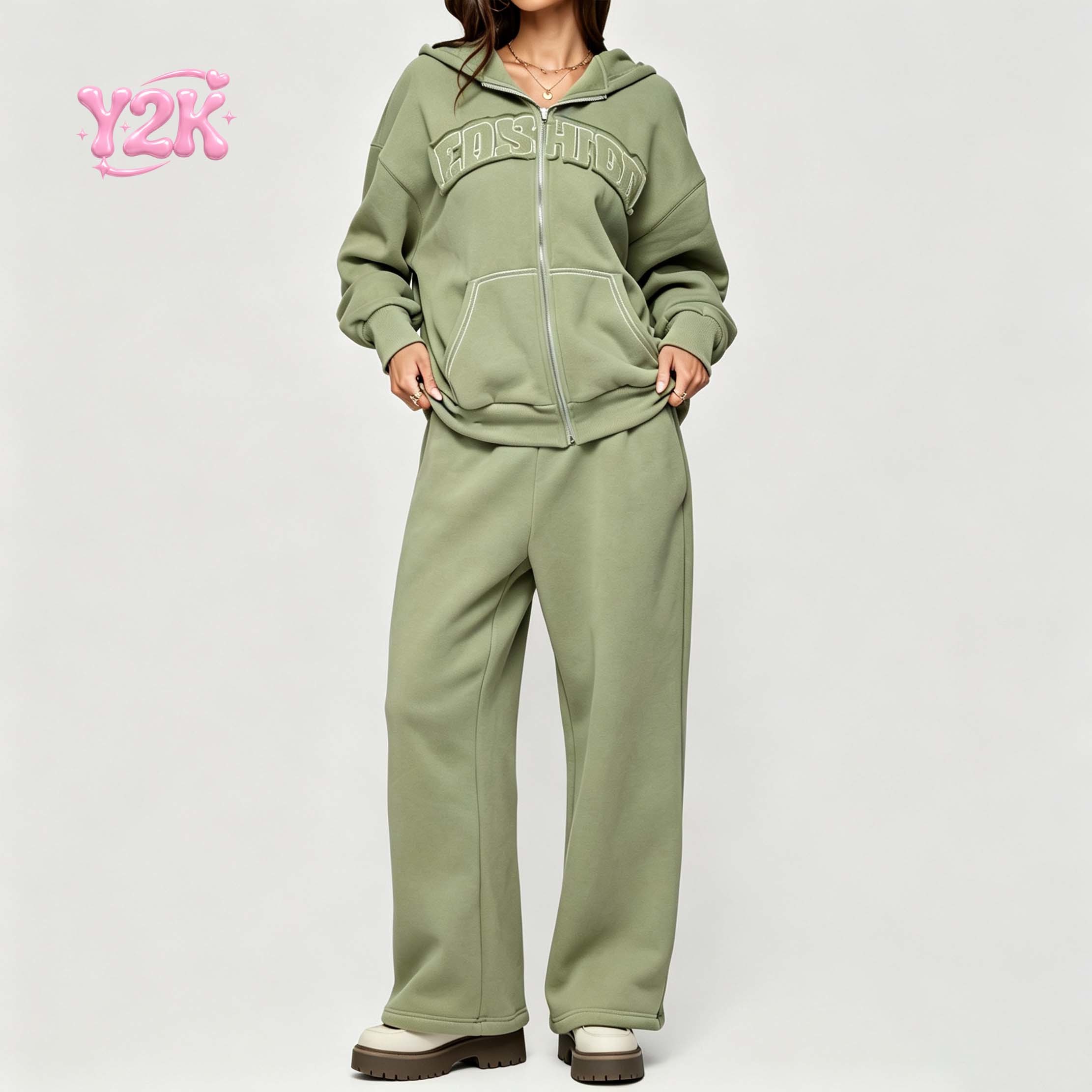Custom Women's Varsity Applique Zip Hoodie Wide Leg Pants Set