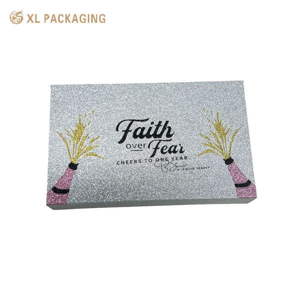 Luxury Silver Glitter Magnetic Gift Box with Mirror and Customizable PVC Tray for Cosmetic Packaging