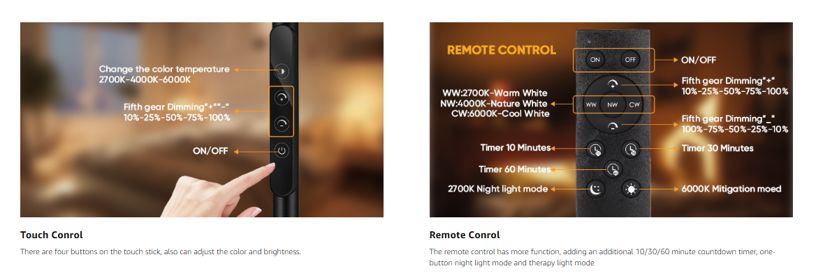 Touch Control Light Therapy Floor Dimmable Standing Sad Lamp 10000 Lux