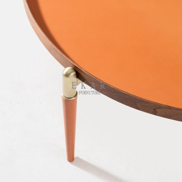 Round Metal Leg Italian Design Leather Modern Coffee Table