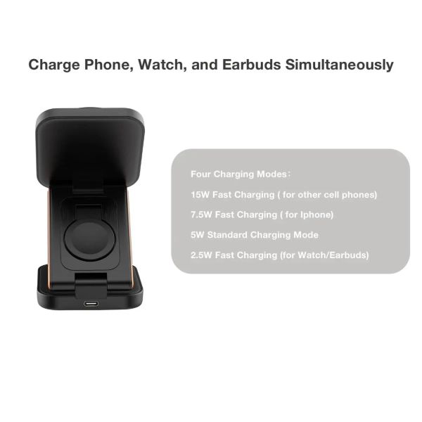Folding Phone Watch Earbud Charger 3 In 1 Magnetic Wireless Desk Stand Charger
