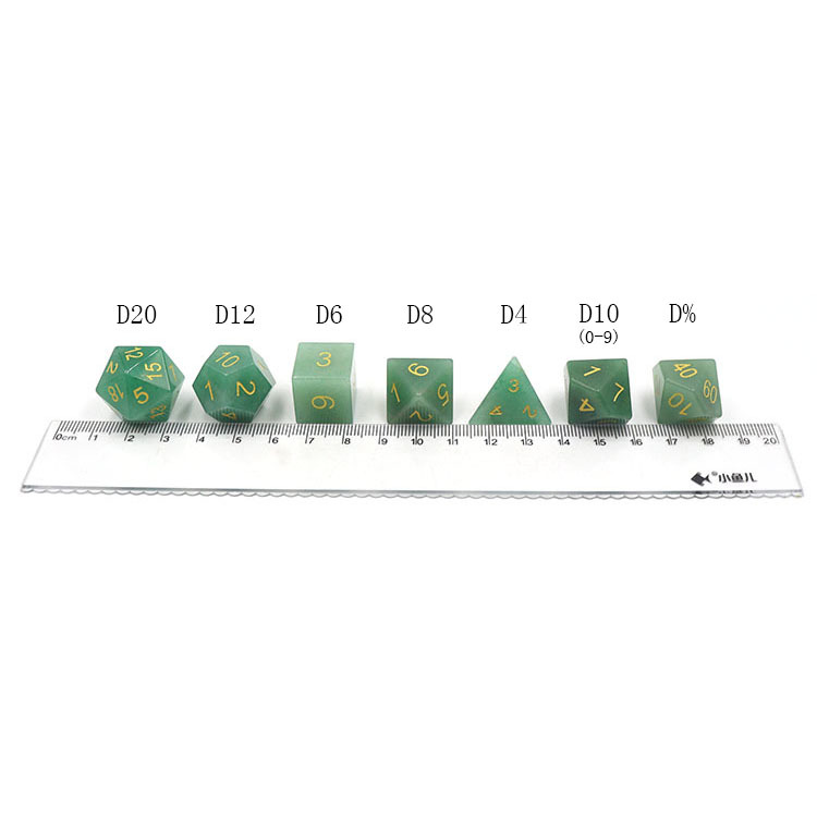 Natural Green Aventurine Gemstone Polyhedral Dice Set - Hand Carved DND Dice with Golden Ink Engraved Numbers