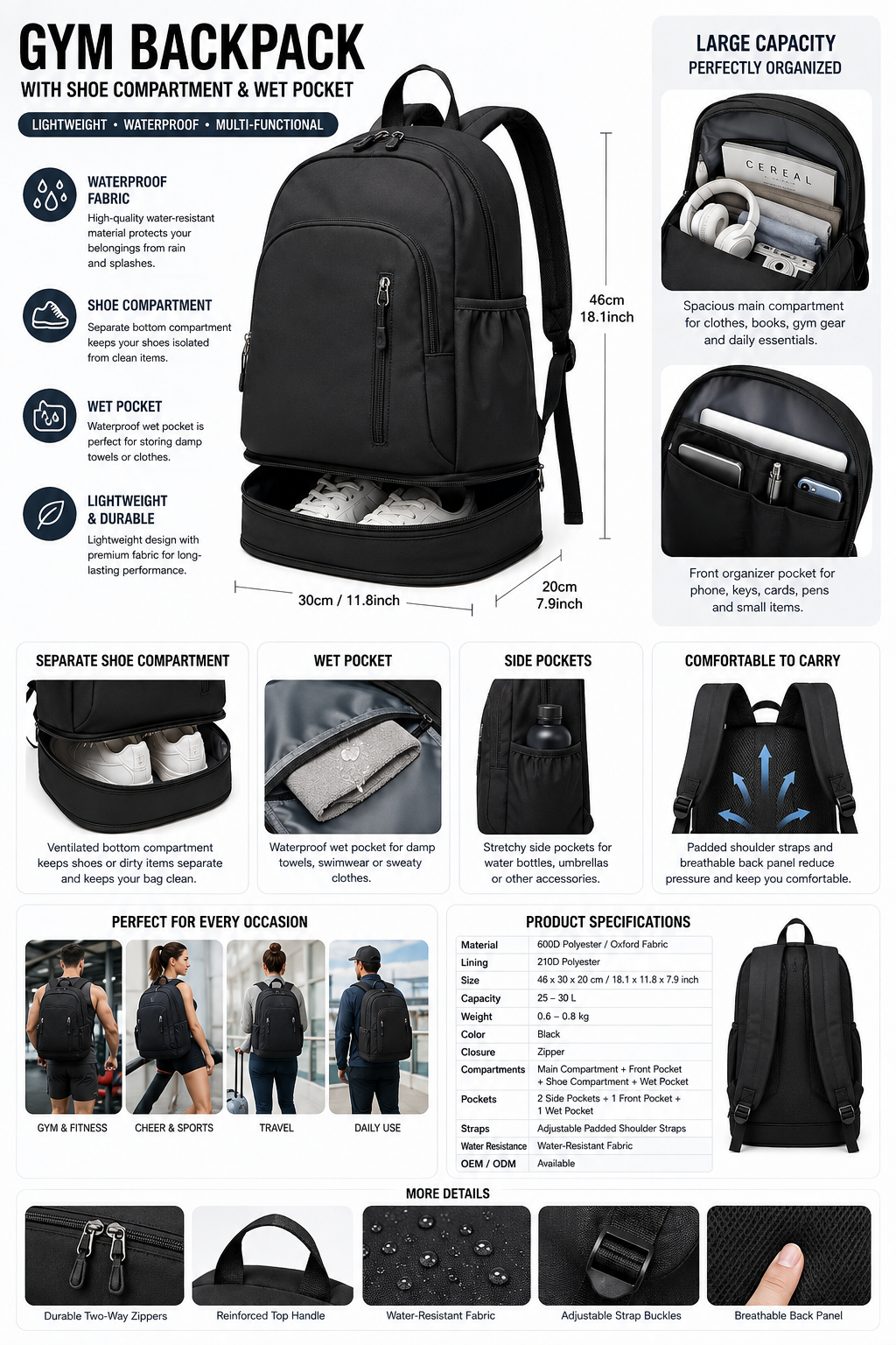Waterproof Gym Backpack with Shoe Compartment & Wet Pocket, Lightweight Sports Bag for Men and Women, Cheer, Fitness, Travel & Training