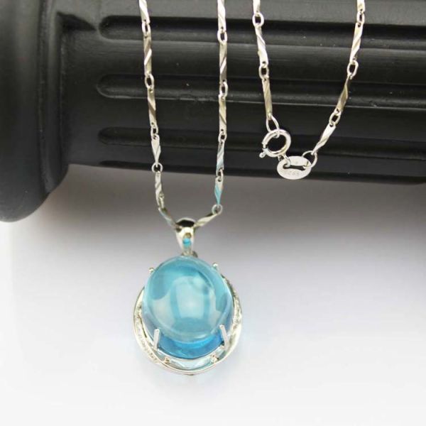Women Fashion Oval Dome Blue Topaz Cubic Zircon Pendant 925 Silver Chain Necklace (PSJ0187)