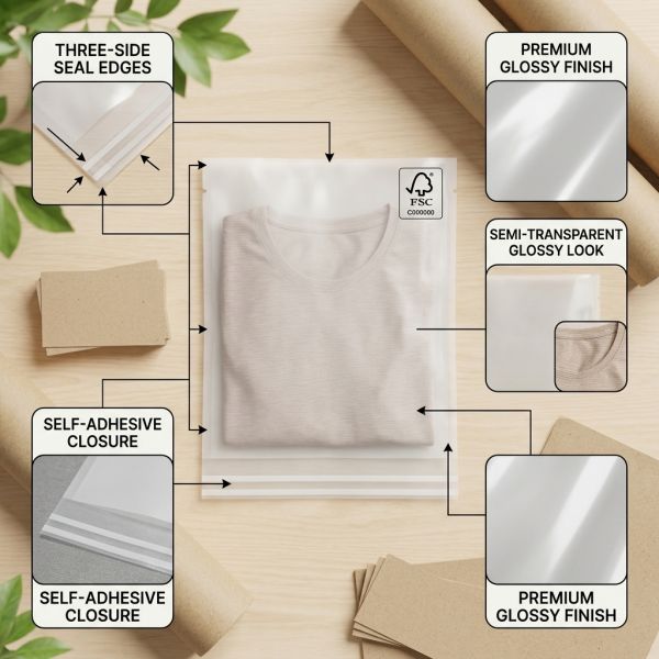 Green Packaging Glassine Bag Apparel Eco-Friendly Zero Plastic Clothing EU Compliant Garment Pouch for Certified Recyclable USA