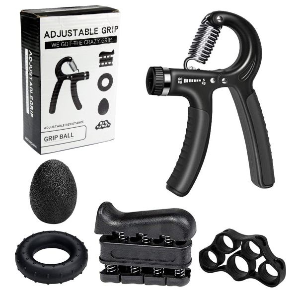 Black 5 Piece Hand Grip Exercise Set Adjustable Hand Gripper Finger Trainer Grip Ring Stress Relief Ball For Forearm And Finger Strength