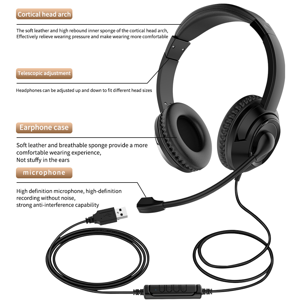 JTY-1026Wired Call Center Headset with  Microphone, 3.5mm/USB/Type‑C Multi‑Interface Over‑Ear Headphone, Volume Control Wired Headset for Office Conference Online Class Home Work,OEM/ODM customization