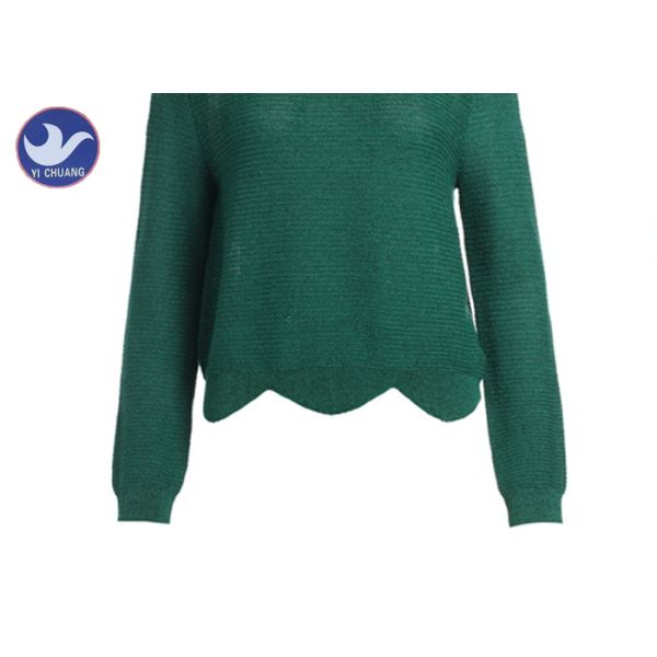 Crew Neck Women's Long Duster Sweater , Knit Pullover Sweater Forest Green Wavy Welt