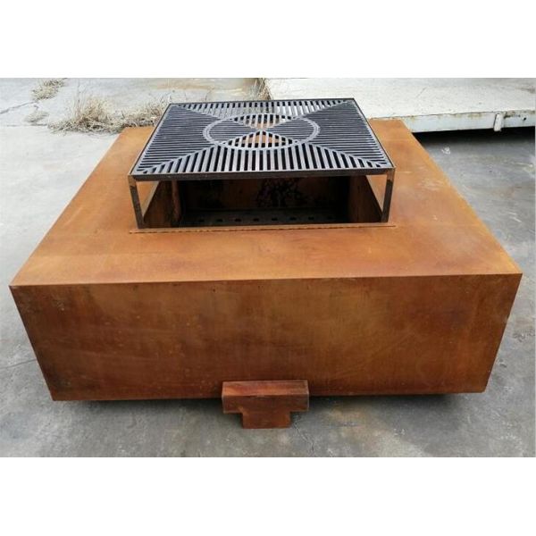 Large Corten Steel Wood Burning Square Fire Pit Table For Outdoor Cooking