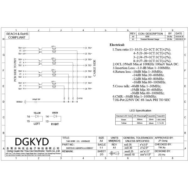 DGKYD1611Q008FA1A10DB057 Однопортный TAB DOWN DIP соединитель с крыльным трансформатором лампового ремня