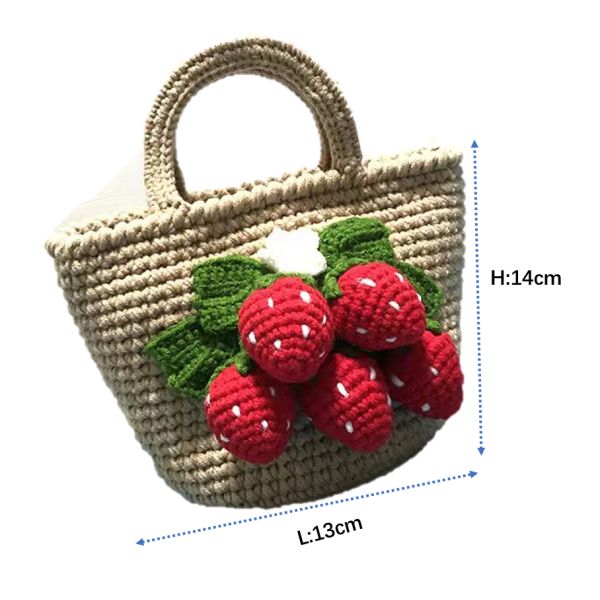 Brown Wool Hand Woven Bags 3D Strawberry For Girls 13cm×14cm