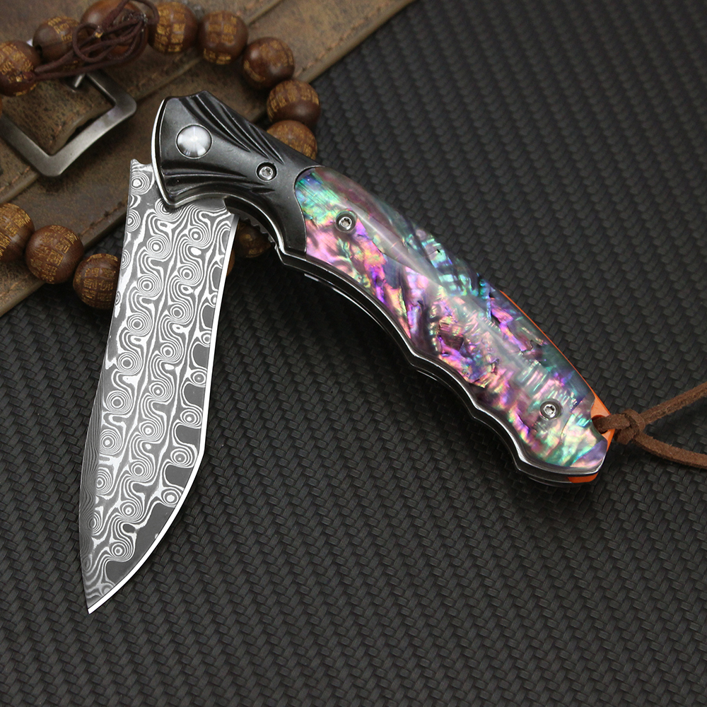 Custom Damascus Folding Camping Knife Tactical Hunting Pocket Knife Shell/Wood Handle Survival Utility Knife Gift EDC Tool DM015