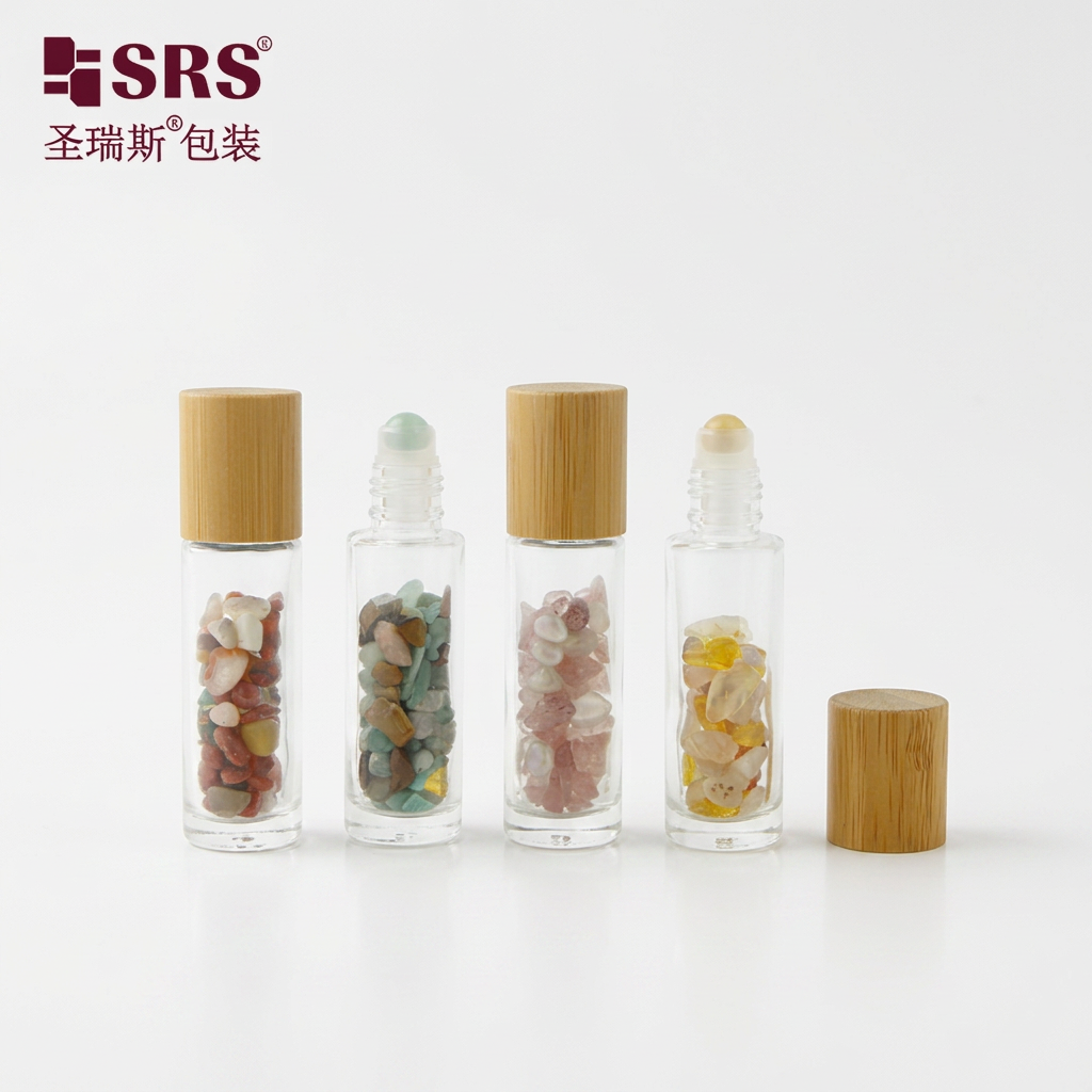BLPM-15ML Clear Glass Roll on Bottle Bamboo Cap Natural Crystal Gravel Essential Oil Perfume Cosmetic Roller Container