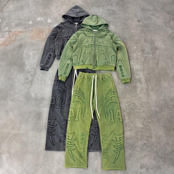Fabricants personnalisés Soleil décoloré en relief pleine imprimé lavage à l'acide Vintage Fermeture à glissière courte combinaison de sport Sweatpants et ensemble de sweatpants