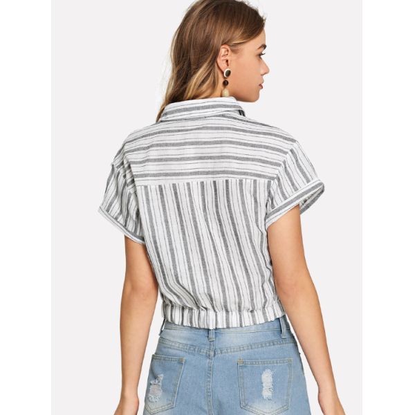 Блузка дизайна нашивки 2019 женщин моды с воротником рубашки